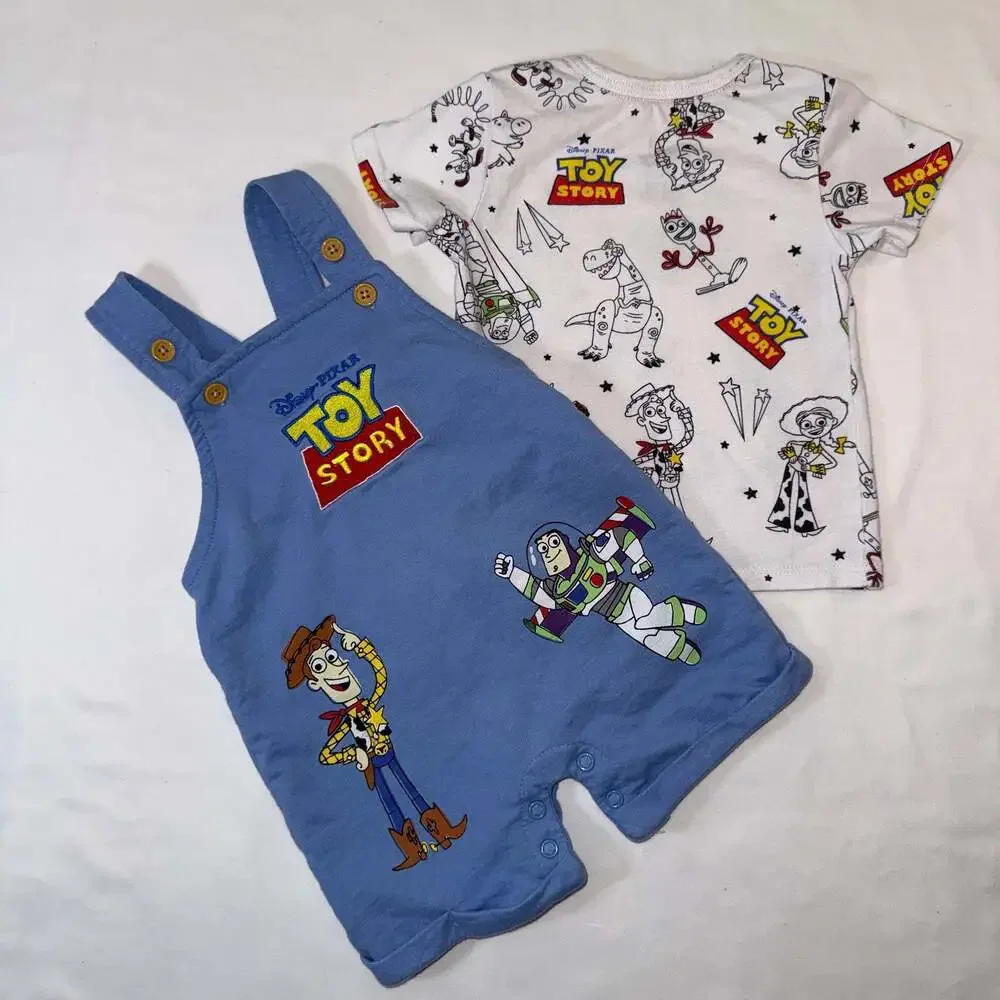 Disney Baby Toy Story Woody and Buzz Lightyear Shortall and T-Shirt Outfit 3-6M